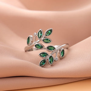 Original 925 Sterling Silver Fashion Green Diamond Folha de Prata com Diamante Verde Exclusivo Anel Aberto Criativo LR294 - RedShopdescontos