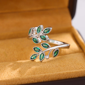 Original 925 Sterling Silver Fashion Green Diamond Folha de Prata com Diamante Verde Exclusivo Anel Aberto Criativo LR294 - RedShopdescontos