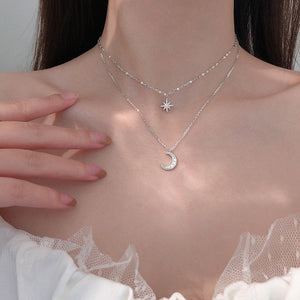 Colar de Senhoras Moda Piscando Diamante Estrela da Lua Dupla Camada Nicho de Cadeia Feminina Design Leve - RedShopdescontos